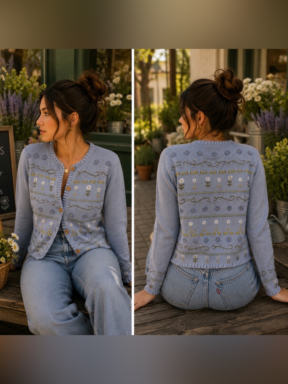 Vintage Women’s Deane & White Embroidered Floral Cardigan Button Front Sweater